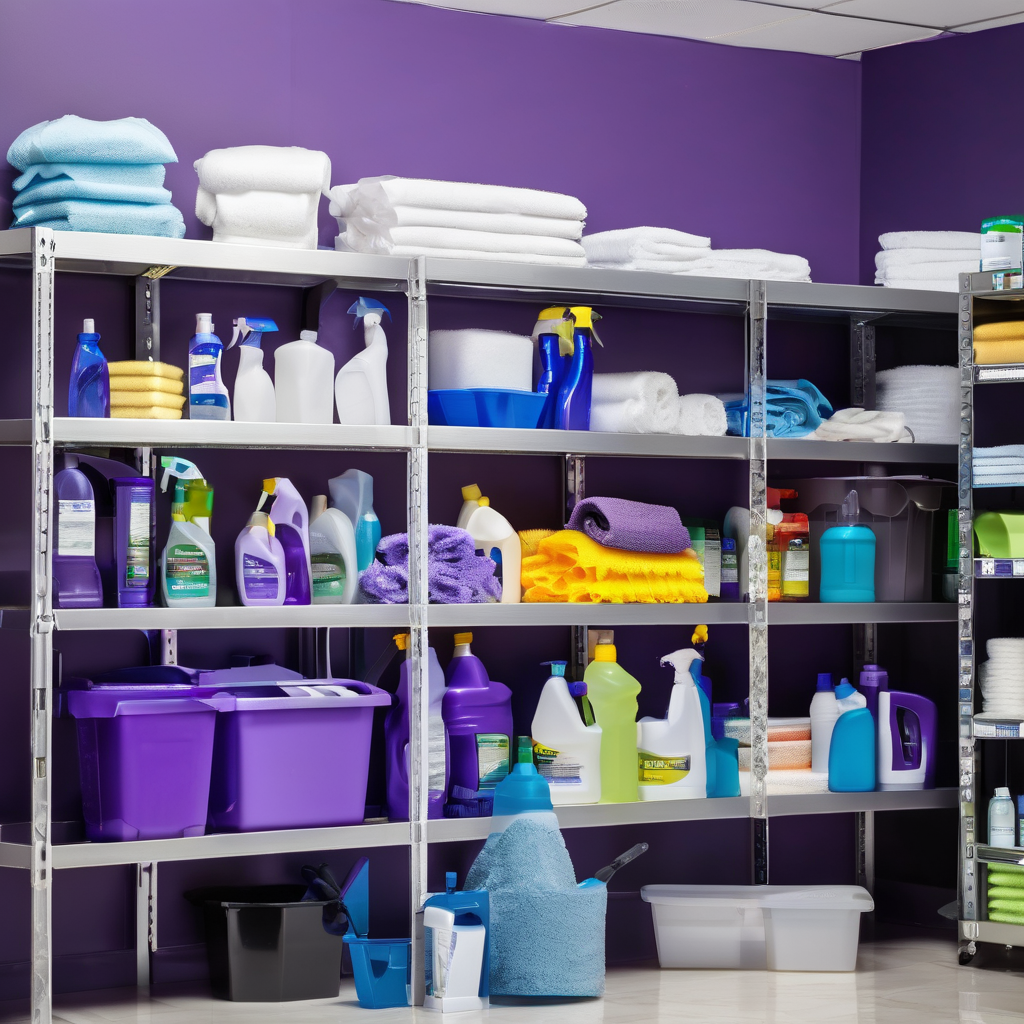 Organized shelving of professional cleaning supplies and equipment