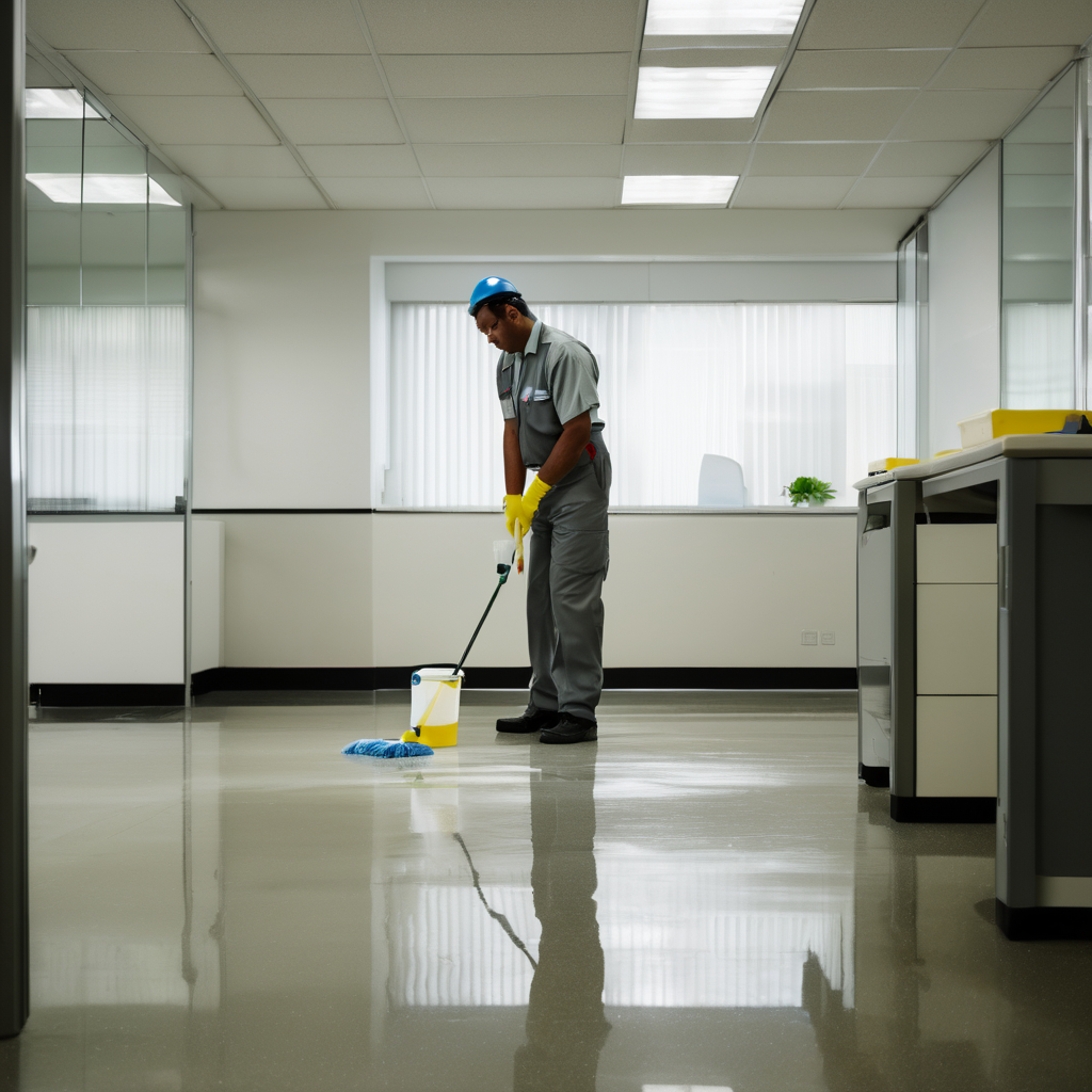 Janitor wiping down an office desk with a cloth and spray bottle