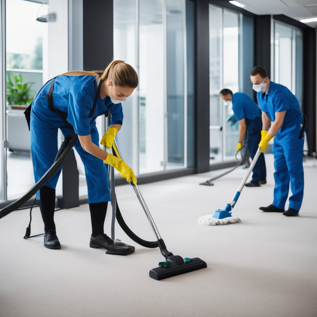 Professional cleaners performing detailed office cleaning with modern equipment