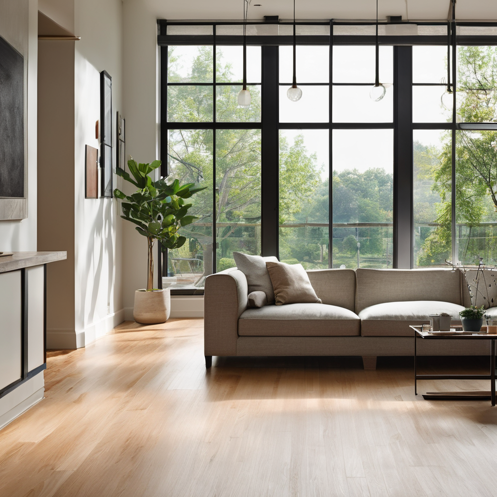 Clean residential home interior with gleaming hardwood floors and organized living space